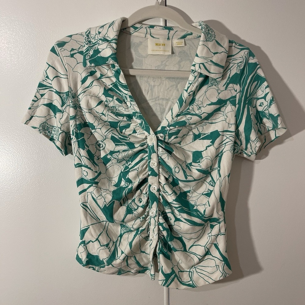 Maeve Anthropologie Ruched Floral Button Top Women's M Green White Fitted Blouse